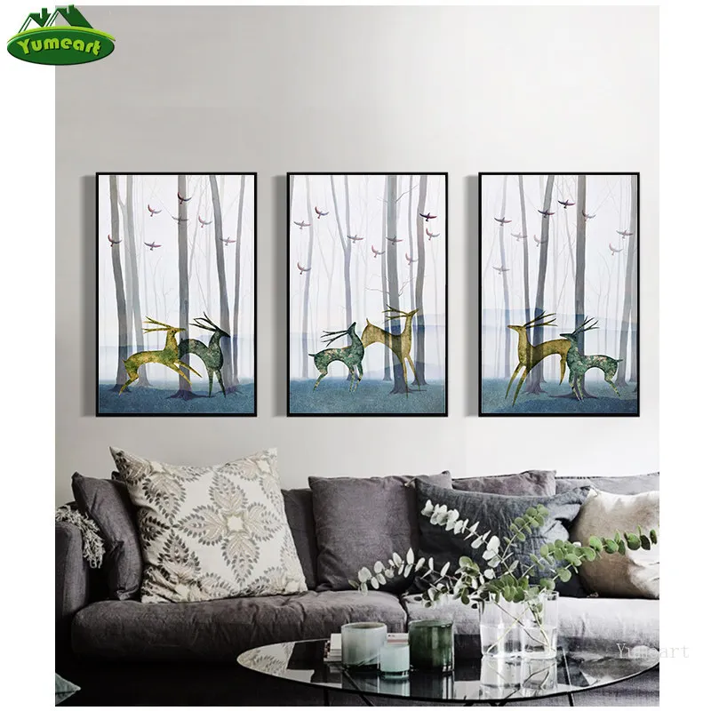 Настенная Картина на холсте для домашнего декора лес абстрактное дерево бегущие