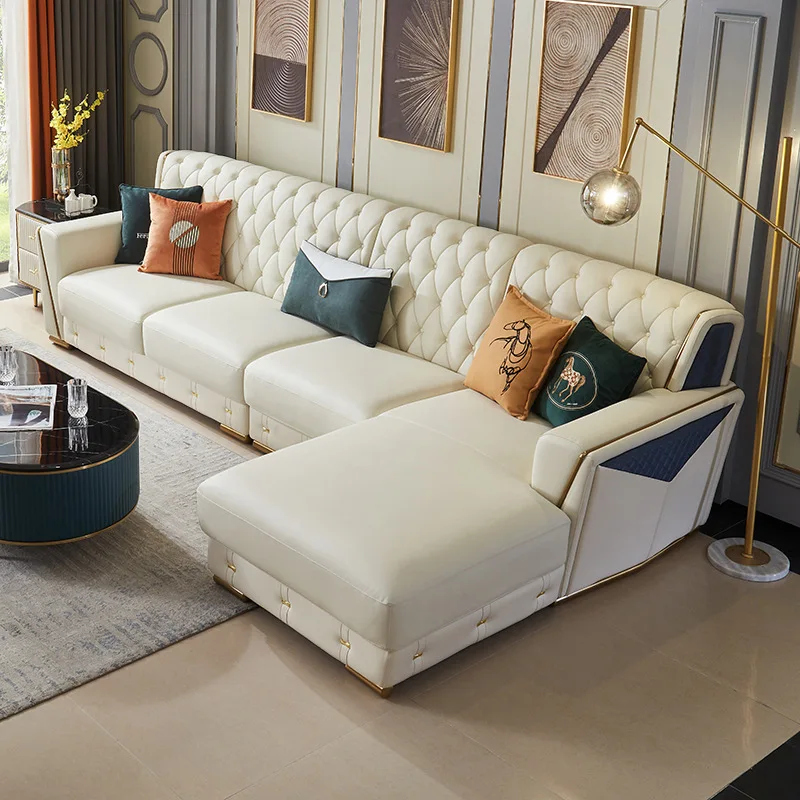 Итальянский светлый роскошный кожаный диван для гостиной в гонконгском стиле