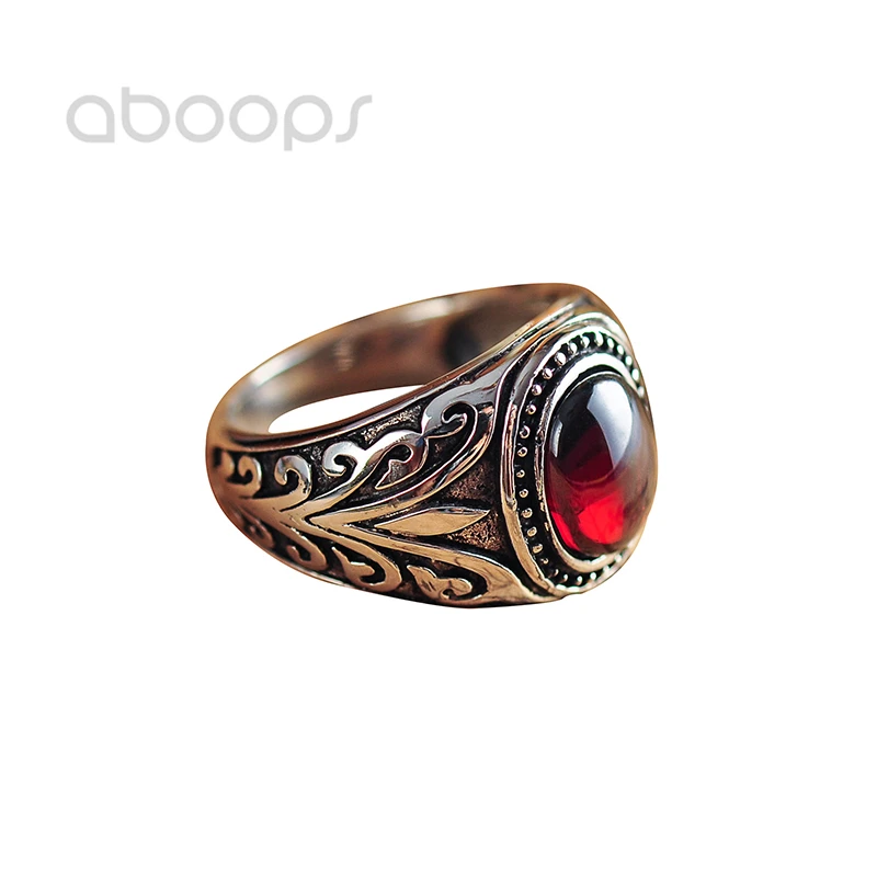 

Vintage 925 Sterling Silver Vine Leaf Ring with Oval Red Garnet Agate for Men Women,Size 7.5-11,Free Shipping