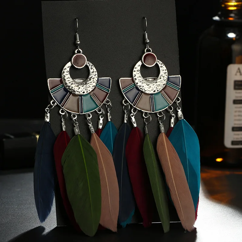 Богемные Модные Винтажные серьги перьевые в виде веера популярные длинные