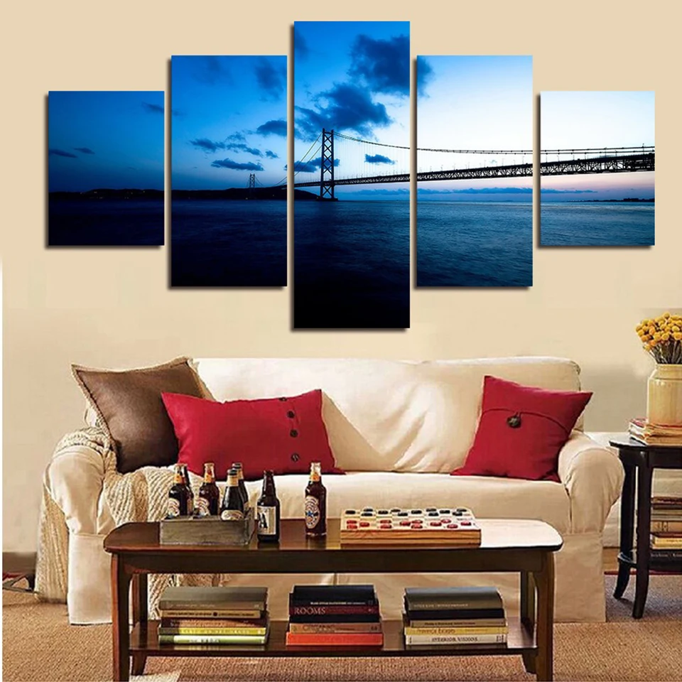 

HD Framework Home Decor Canvas Painting Poster 5 Panel Sunset Sea Bridge Landscape Modern Wall Art Living Room