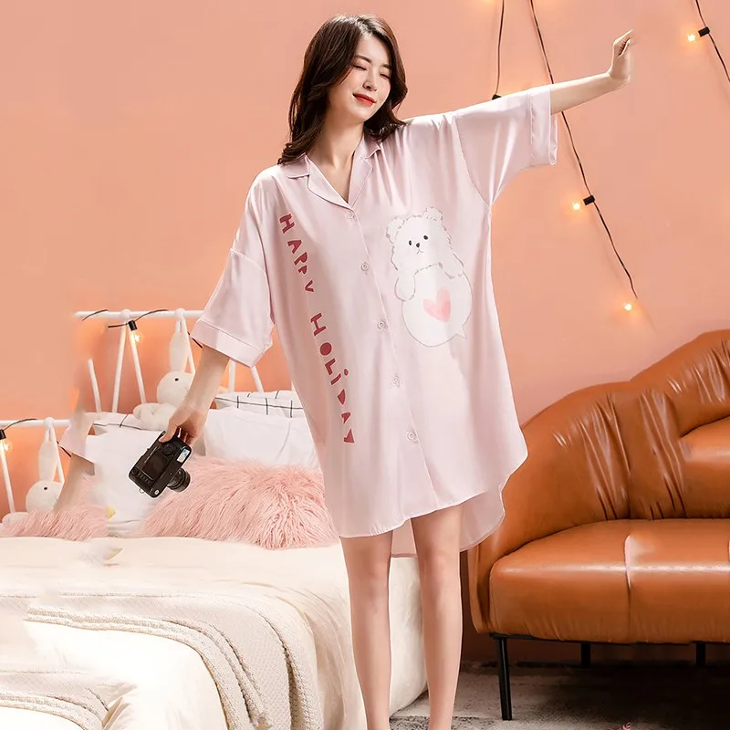 

Ночная рубашка с отложным воротником, ночная рубашка с мультяшным принтом, одежда для сна, атласная Домашняя одежда, ночная рубашка, Женская...