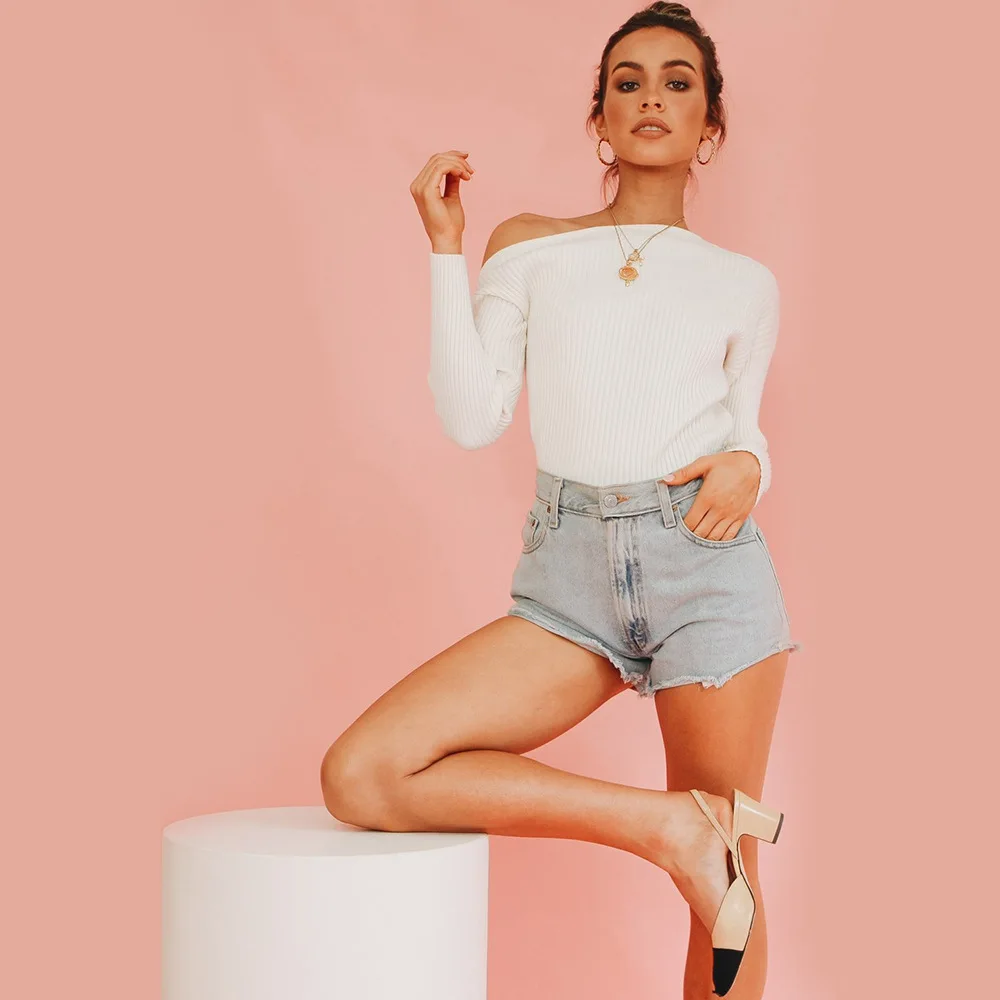 2019 Autumn And Winter Europe and America women collar sweater all-match long sleeved shirt slim one-shoulder female thread tigh | Женская