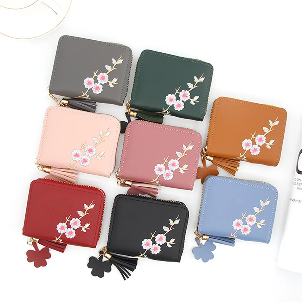 Новые маленькие женские кошельки с цветочной вышивкой и кисточками короткий