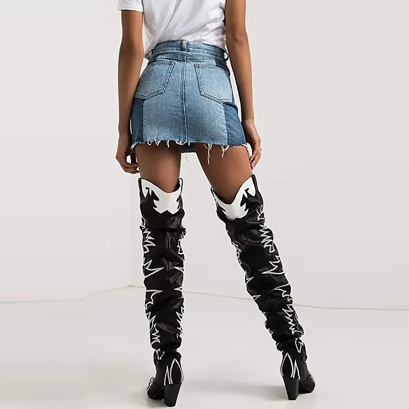 Женские сапоги выше колена Perixir в западном стиле с вышивкой и острым носком