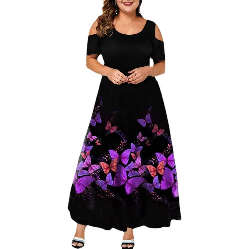 

2021 Summer Women's Dress Purple Butterflies Print Off Shouder ONeck Women Short Sleeve Large Hem Formal Dress for Wedding/Party