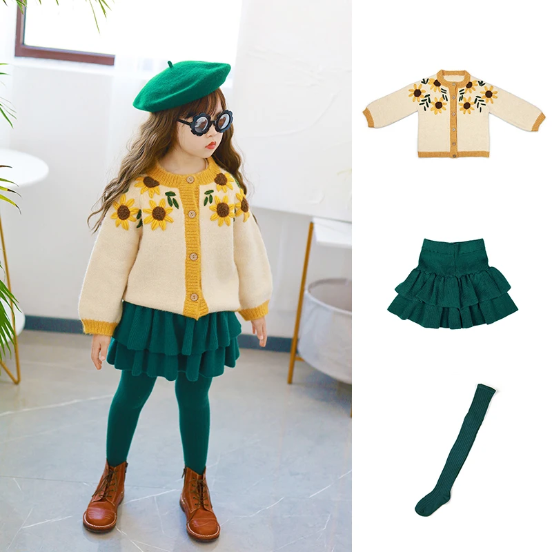 

Girl Cardigan Sweater 2022 Spring Sunflower Flower Sweater Girl Skirt Ruffle Wool Short Skirt Cotton Stockings Children's Wear