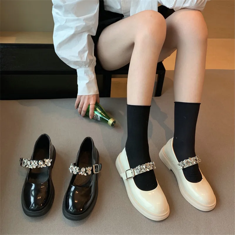

Женские Туфли Мэри Джейн, маленькие кожаные туфли в японском стиле, летняя однотонная обувь на толстой подошве в стиле ретро с кристаллами и...