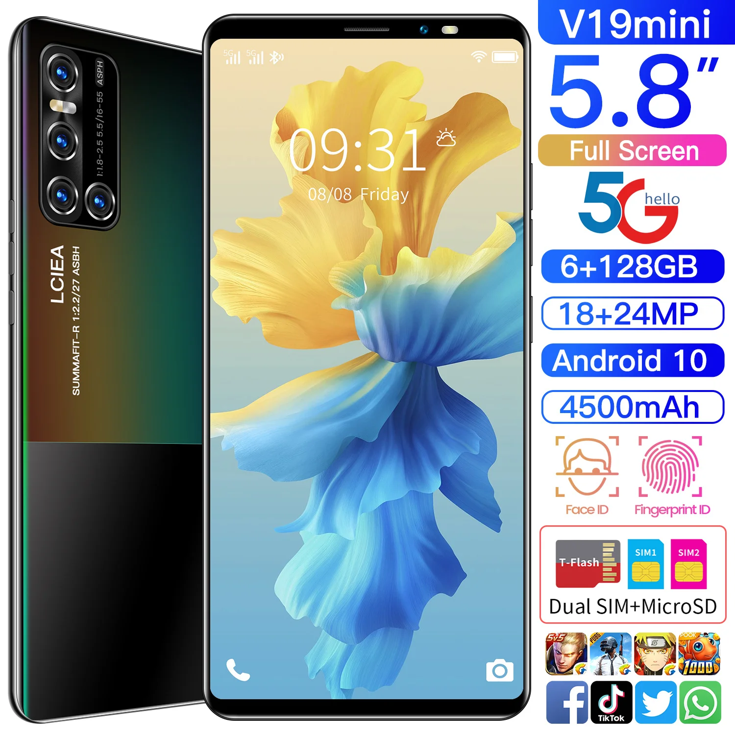 

New Arrival V19 Mini Smartphone 5.8Inch Full Screen 8 Core 18+24MP 4500MAH 8+128G 5G Network Android 10 Face Fingerprint ID