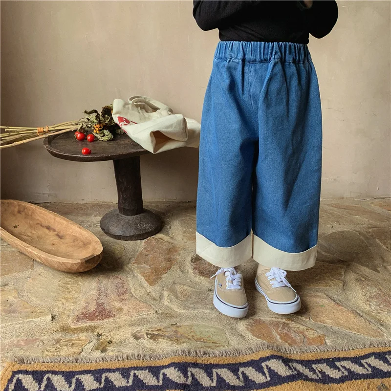 

Korean Children Wear Girls Jeans 2021 Autumn Girls Flanging Wide Leg Pants Toddler Kids Denim Long Pants Trousers
