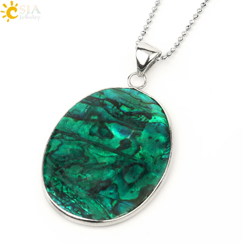 Necklace Csja зеленая овальная подвеска из морской раковины pauna Abalone оболочки Плоский шарик подвески из серебра ожерелье для женщин Шарм Простые Ювелирные изделия G230 - Окраска металла: Necklace