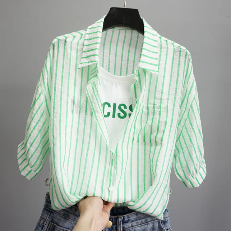 2021 Summer Plaid Shirt Fake Two Piece Women's Blouse  Short Sleeved Shirt Vertical Stripes In Letters Korean Edition Shirt