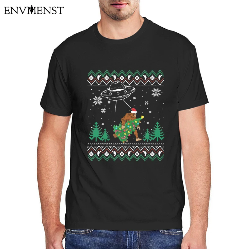 

Хлопковая винтажная Мужская футболка Bigfoot с рождественской елкой, украшение Bigfoot, Рождественская забавная графическая футболка большого ра...