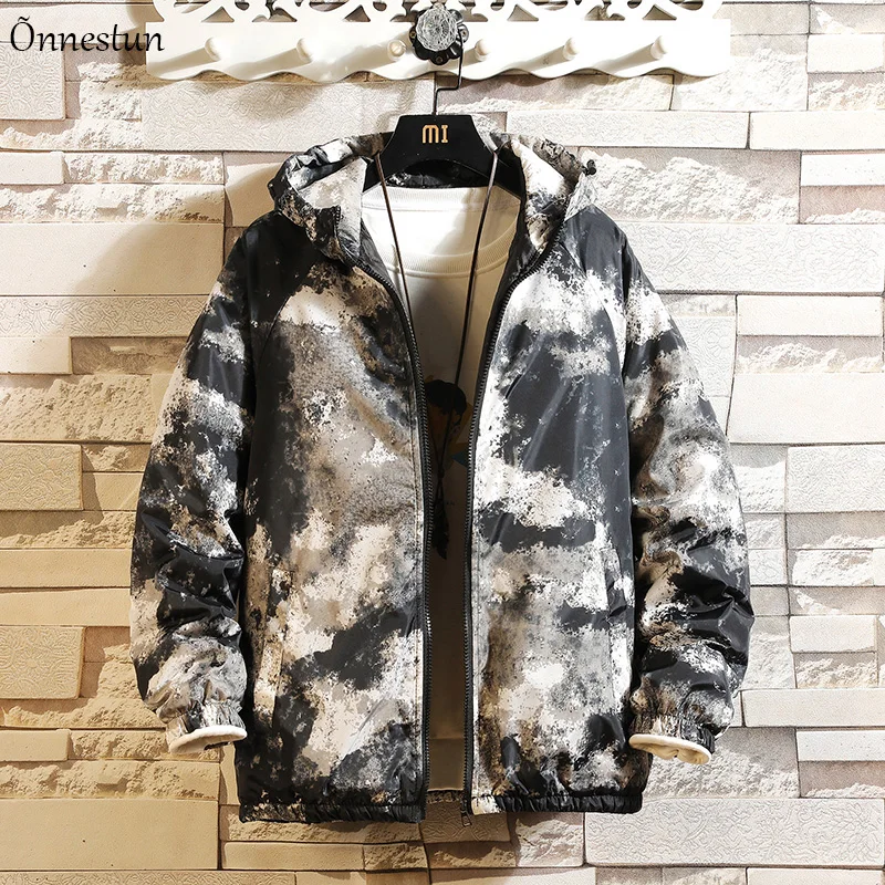 

Onneatun Men's Parka Coat Winter New Casual Camouflage Print Jacket Parkas Men Loose Outwear Zipper Cotton Jacket Men