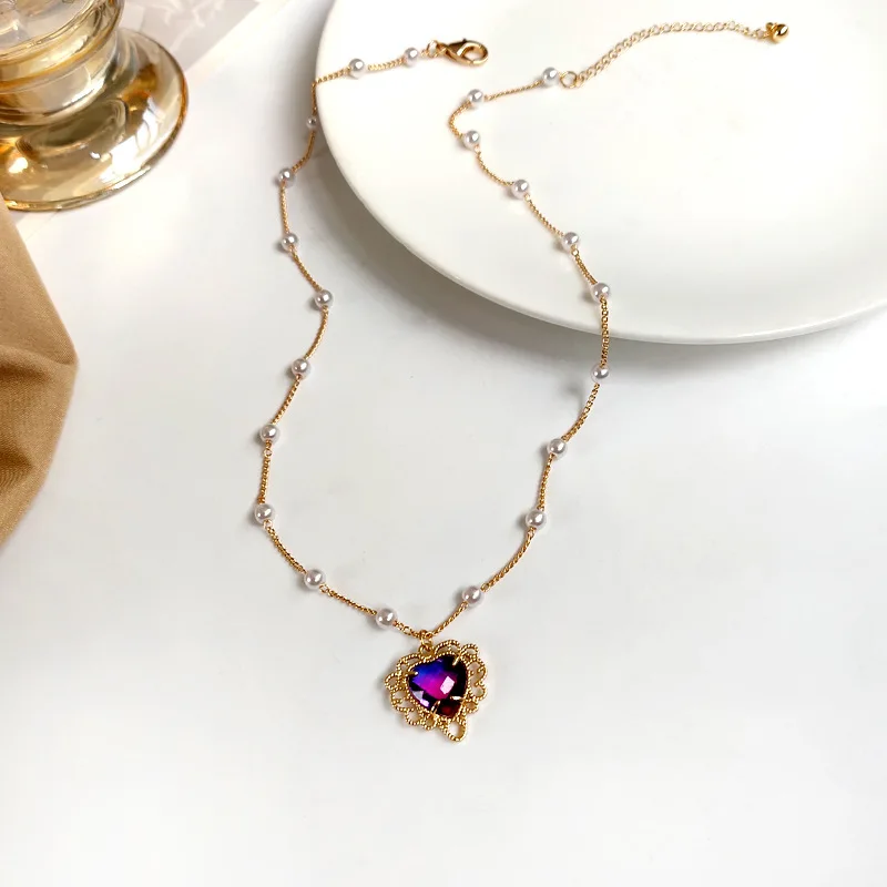 

PUNKI Vintage Palace Style Pearl Necklace Purple Love Pendant Metal Chain Ins Fashion Clavicle Chain Ladies Party Jewelry