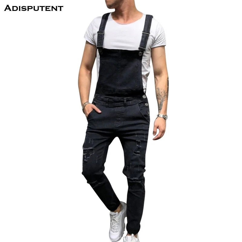 Демисезонные мужские джинсовые комбинезоны с потертостями Adisputent на подтяжках