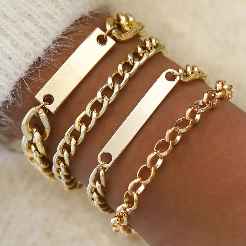 

Aprilwell 4 PCs Punk Gold Color Charm Bracelets Sets For Women Cuban Chain 2021 Jewelry Best Sister Gift E Girl Friend Wholesale