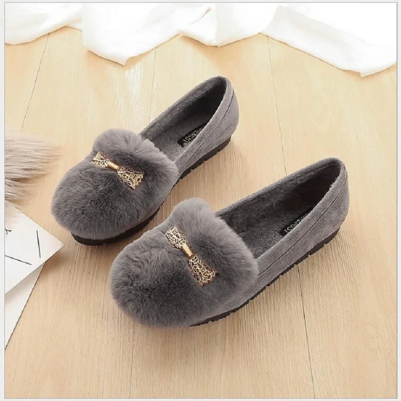 rabbit Fur Loafers Women Winter Plush Flats Slip On Warm Shoes Lady metal Buckle Moccasins Womens Comfortable Cotton Shoes