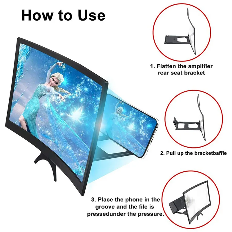 

12'' HD 3D Curved Enlarged Screen Mobile Phone Amplifier Magnifier Smartphone Stand Bracket for screen within 6.5in.