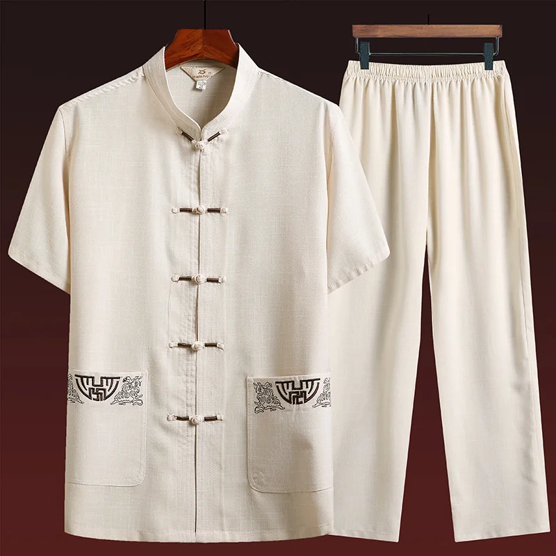 

Tang Suits for Mens Summer Chinese Traditional Style Floral Embroidery Cotton Linen Soft Thin Sets Men's New Casual Clothing