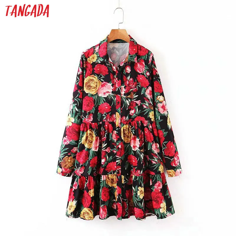 Платье миди женское с отложным воротником длинным рукавом и цветочным