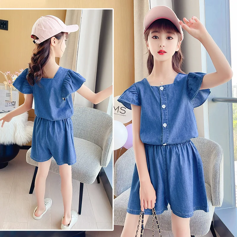 

Jeans Teen Girls Clothes Set 2021 Cute New Korean Casual Shirts Tops And Shorts Fashion Children Two Piece Suit Summer Clothing