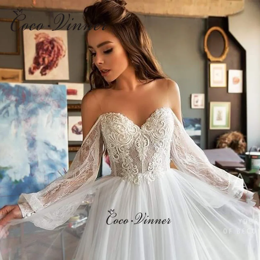 

Пляжное свадебное платье с открытыми плечами и длинными рукавами, Новое поступление 2021, легкое Тюлевое простое индивидуальное свадебное пл...