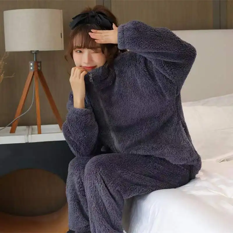 Winter Pajama Set Women Thicken Warm Flannel Lounge Suit Sleepwear 2 Piece /Set Long Sleeve Trousers Nightgown Pijama Homewear