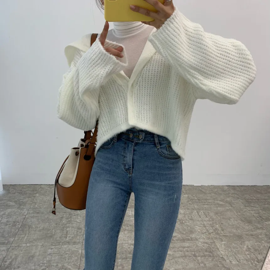 

Harajuku High Waist Cardigans Sweaters Chic Sailor Collar Solid New Autumn 2021 OL Loose Lazy Style Elegant Hot Women Tops