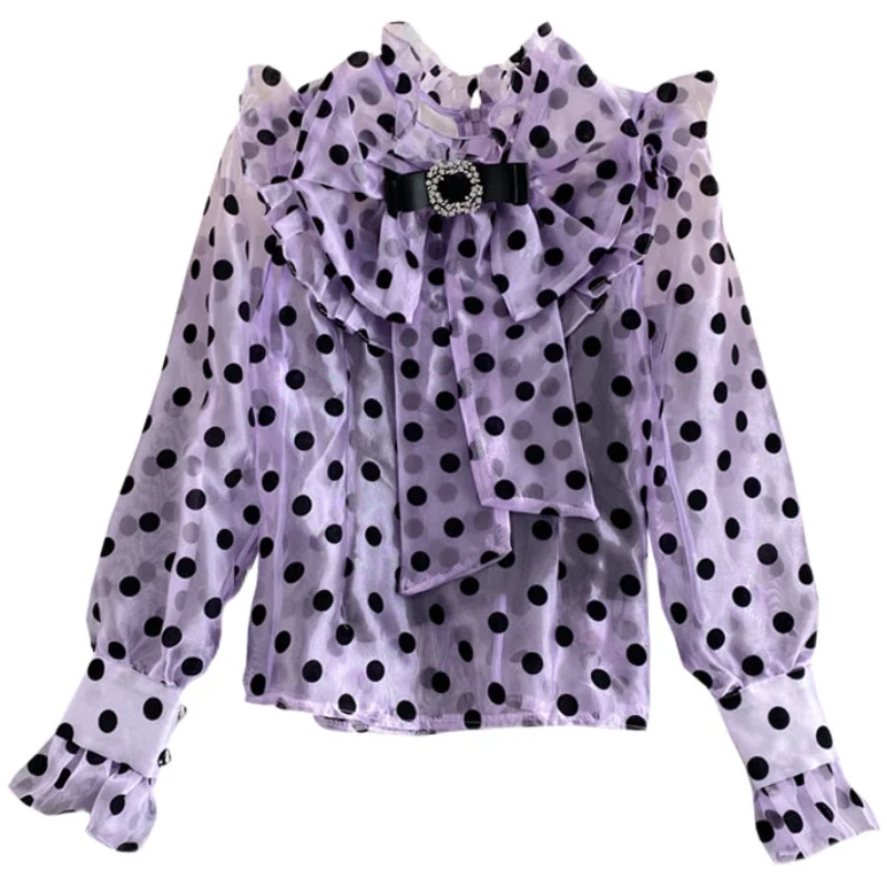 

2021 Spring Autumn New Blouse Puff Sleeve Sweet Polka Dot Chiffon Shirt Women Loose Long-Sleeved Ruffles Top Female Blusa C051