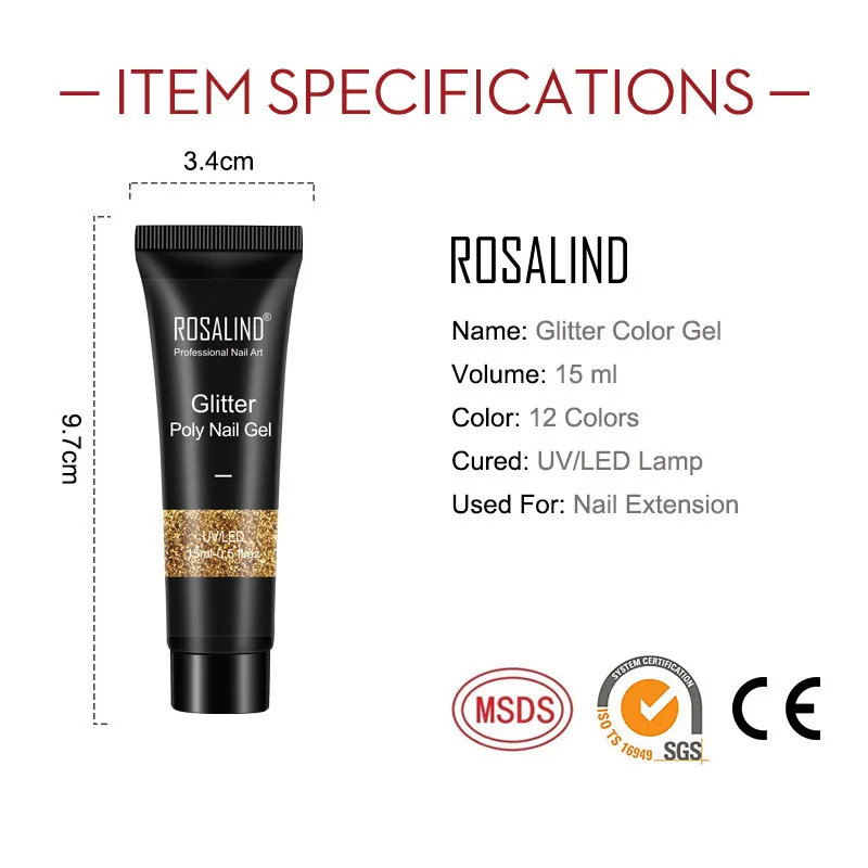

ROSALIND Poly Nail Gel 15ml All For Manicure Nails Art Design Luminous PolyNailExtensionGel Semi Permanent Nail