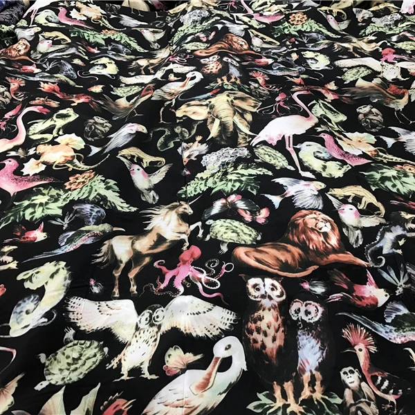 Шелковая крепдешиновая ткань с принтом животных и птиц 100% шелковое платье модная