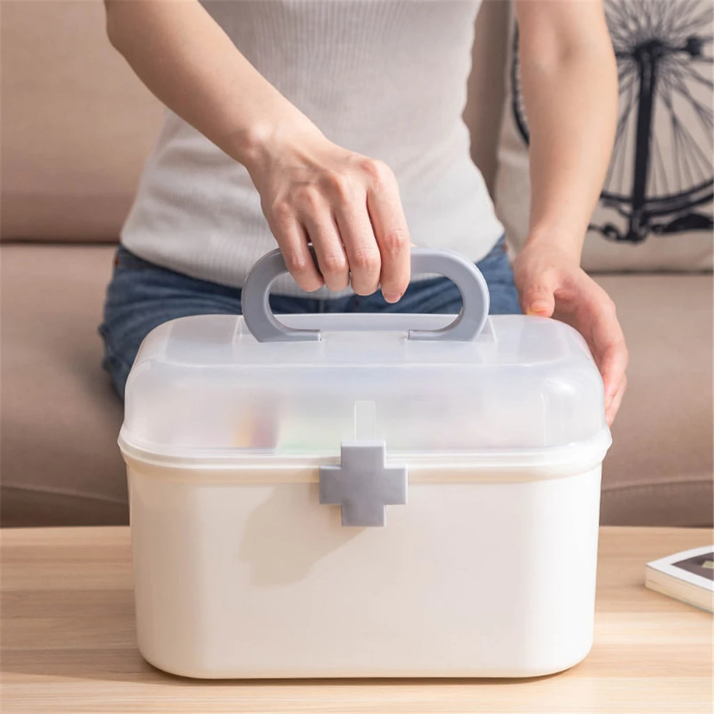 

2 Layer Portable First Aid Kit Storage Box Plastic Kit Box with Handle Medicine Chest Organizer for Family Emergency Storage
