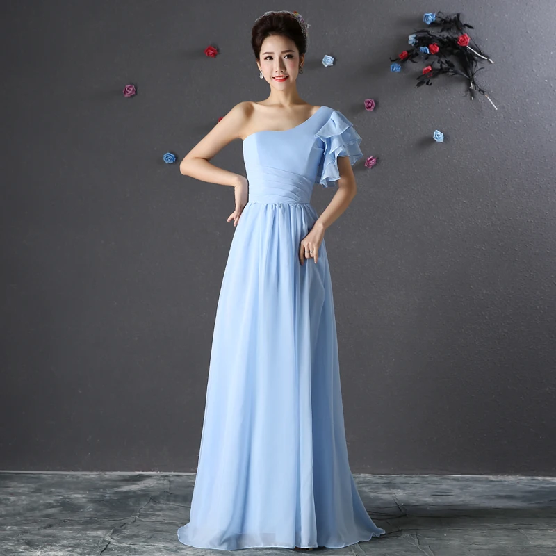 Синее длинное шифоновое платье для подружки невесты элегантное праздничное