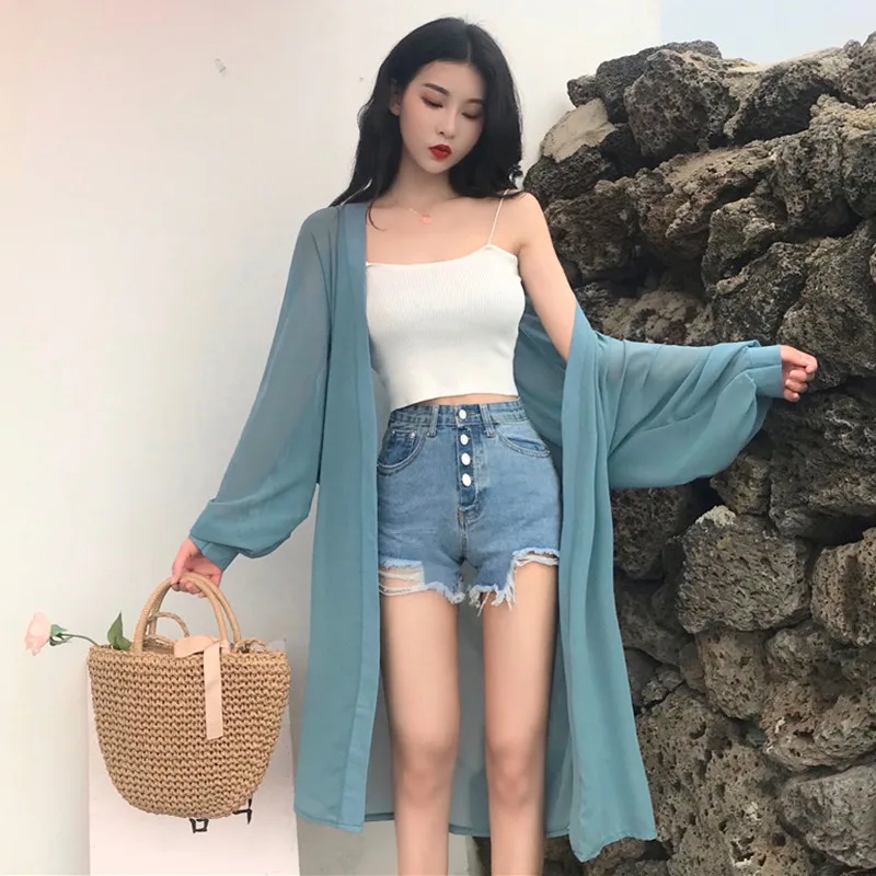 

Chiffon Drawstring Bandage Cover Up Blouse Thin Sunscreen black Loose Casual long Sleeve Open Stitch Shirt Tops Lady