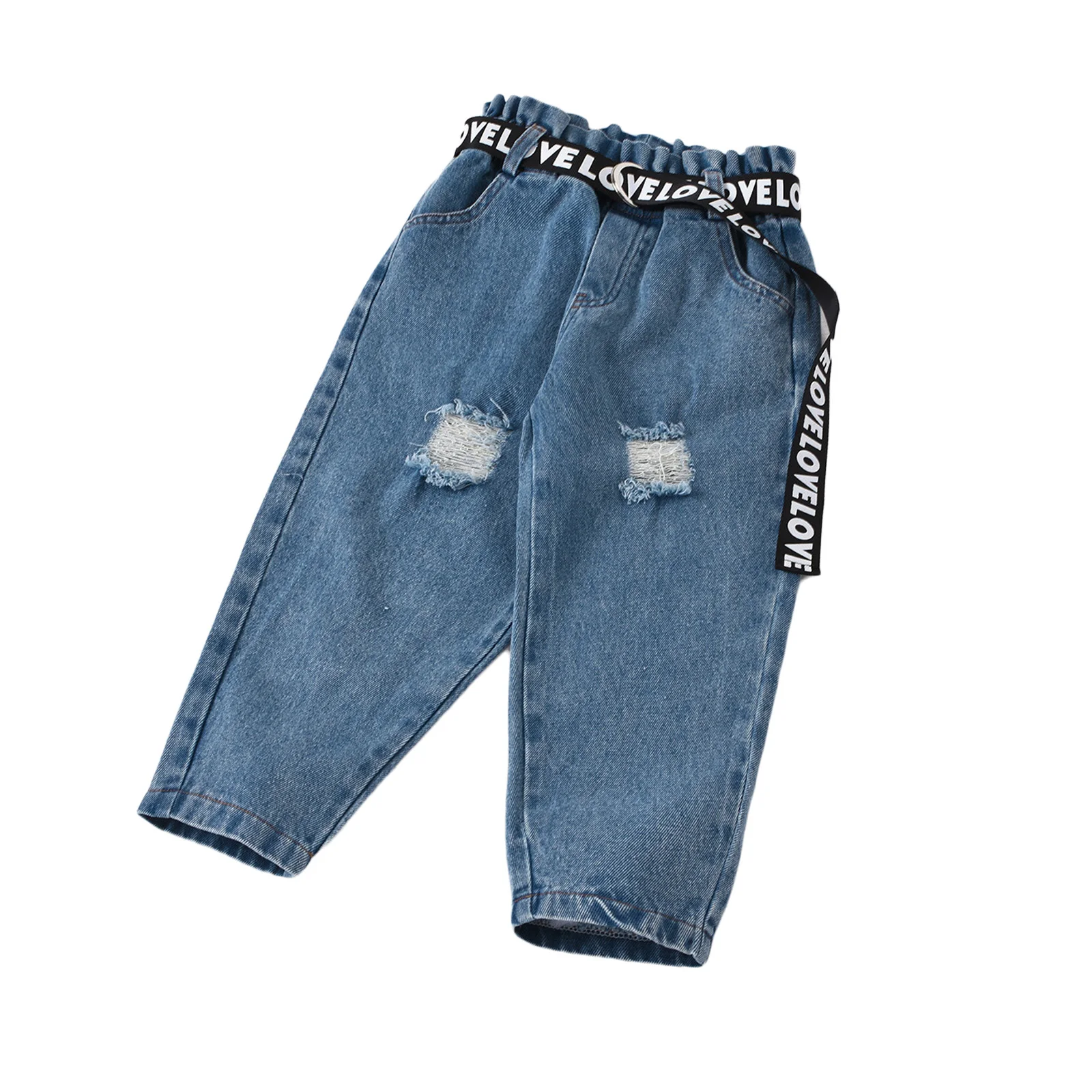 

Girls 1T-6T Long Sleeve and Trousers Suit Fashion Solid Color Mesh Yarn T-shirt and Ripped Denim Pants