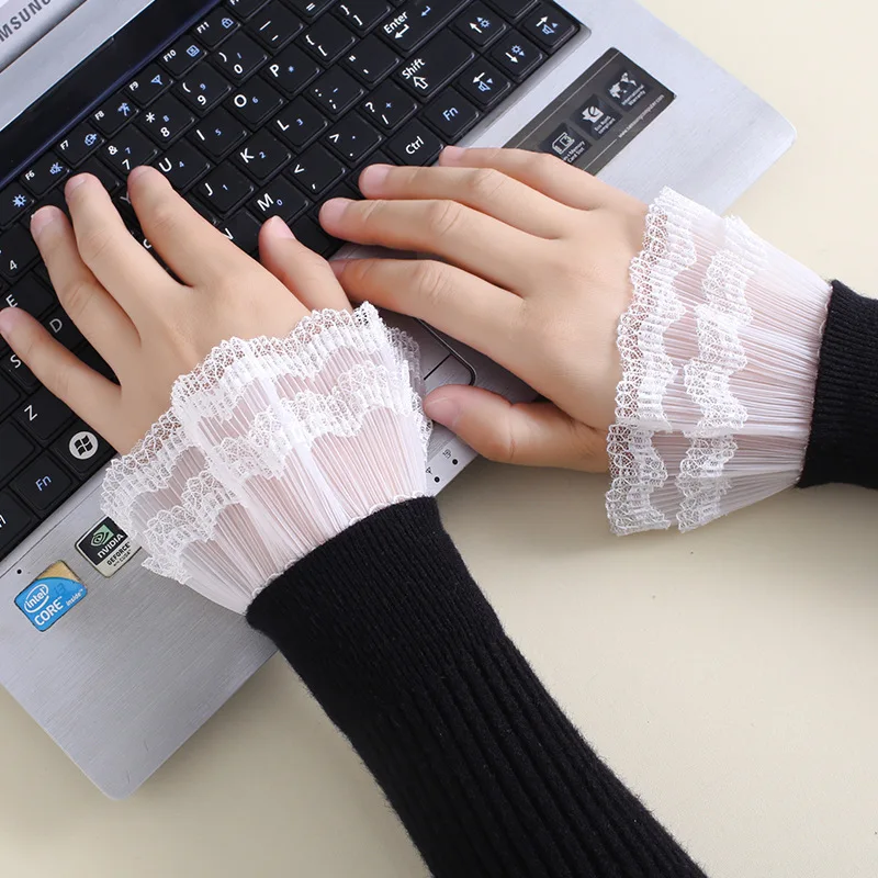 

Summer Thin Chiffon Double Layers Fake Sleeves Lace Floral Pleated Ruffled False Cuffs Female Sweater Blouse Wrist Warmers