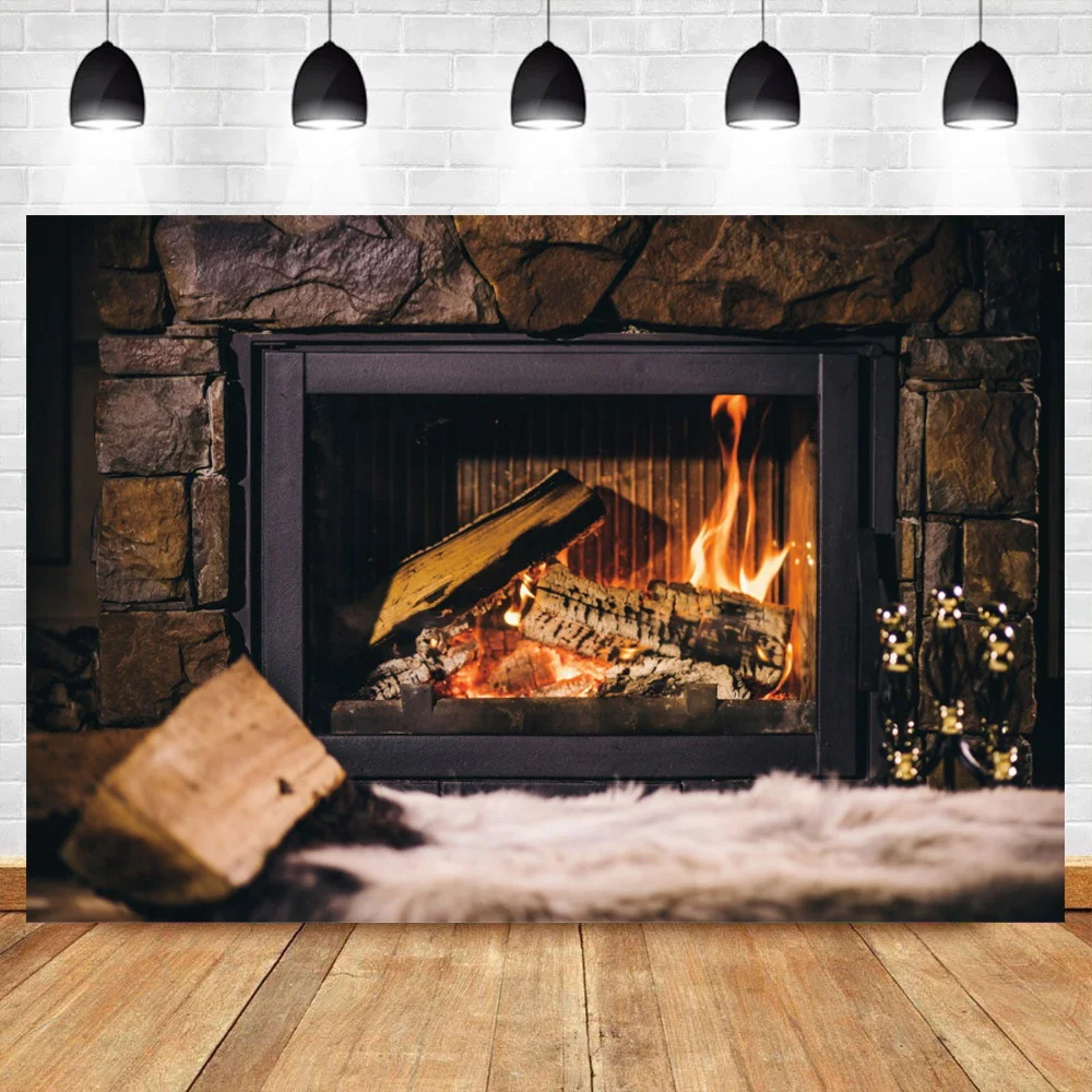 

Laeacco Fireplace Brick Wall Burning Flame Backdrop For Photography Christmas Interior Decor Child Portrait Photocall Background