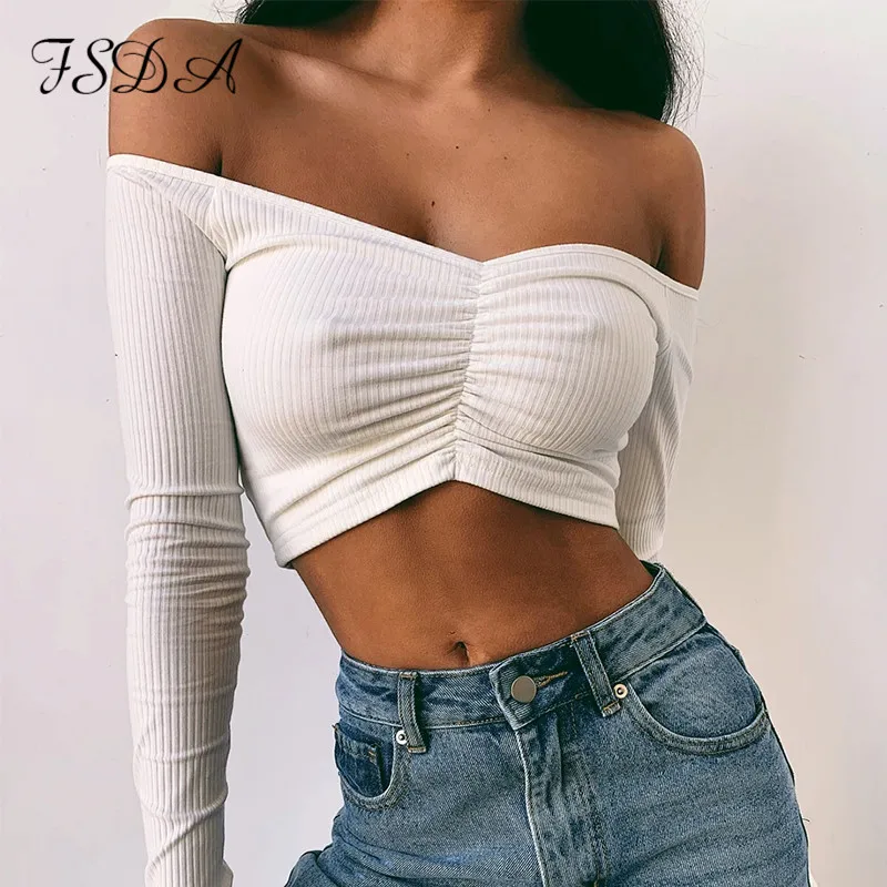 Летний женский укороченный топ с открытыми плечами и рюшами | Женская одежда