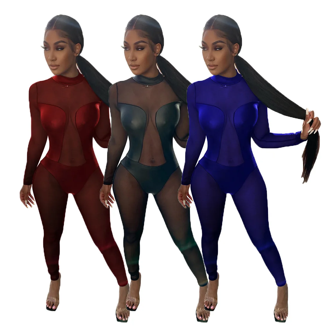 

Mesh Jumpsuit Women Black Blue Burgundy Sheer See Through Jumpsuit for Women Ladies Bodycon Party Club Clubwear Mono Mujer 2021