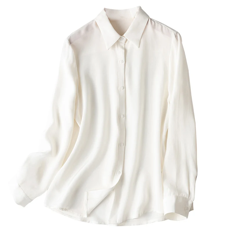 

SHUCHAN Chemise Femme Manche Longue De Luxe White Button Up Shirt Women NATURAL SILK High Street Solid Tops