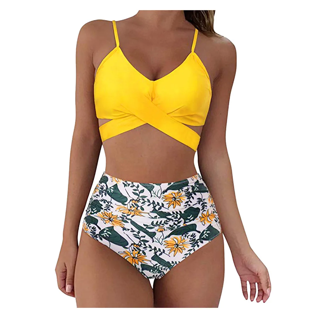Swimwear Women Swimsuits Print Bikinis Sexy Women Swimsuit High Waist bathing suit Beach wear 2 Piece Bathing  Criss Cross