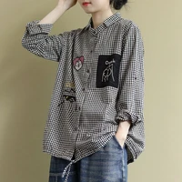 plus size women casual shirt new 2020 korean style vintage plaid cartoon embroidery oversized female woman blouses shirts