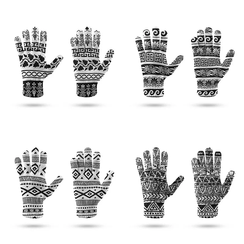 

New 3D Printing Men Knitted Black And White Gloves Autumn Winter Outdoor Stretch Gloves Cycling Touch Screen Full Finger Gloves