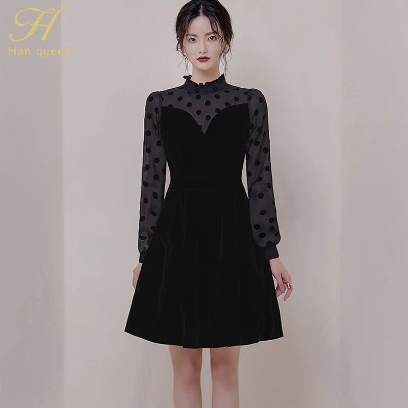 Black H Han queen Новое Элегантное вельветовое платье трапециевидной формы с высоким воротником Женская сексуальная сетка лоскутные платья OL Элегантные Осенние платья в горошек - Цвет: Black