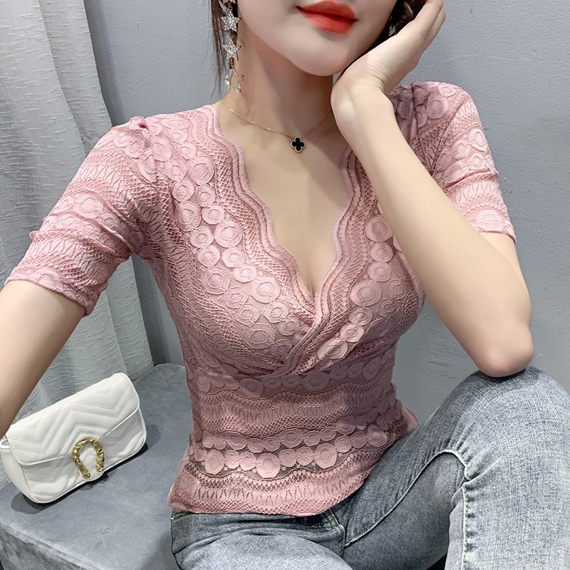 

New 2021 Summer Women Lace Tops Fashion Casual Short-Sleeve V-Neck Women's tshirt Elegant Slim Hollow Out Female Blusas
