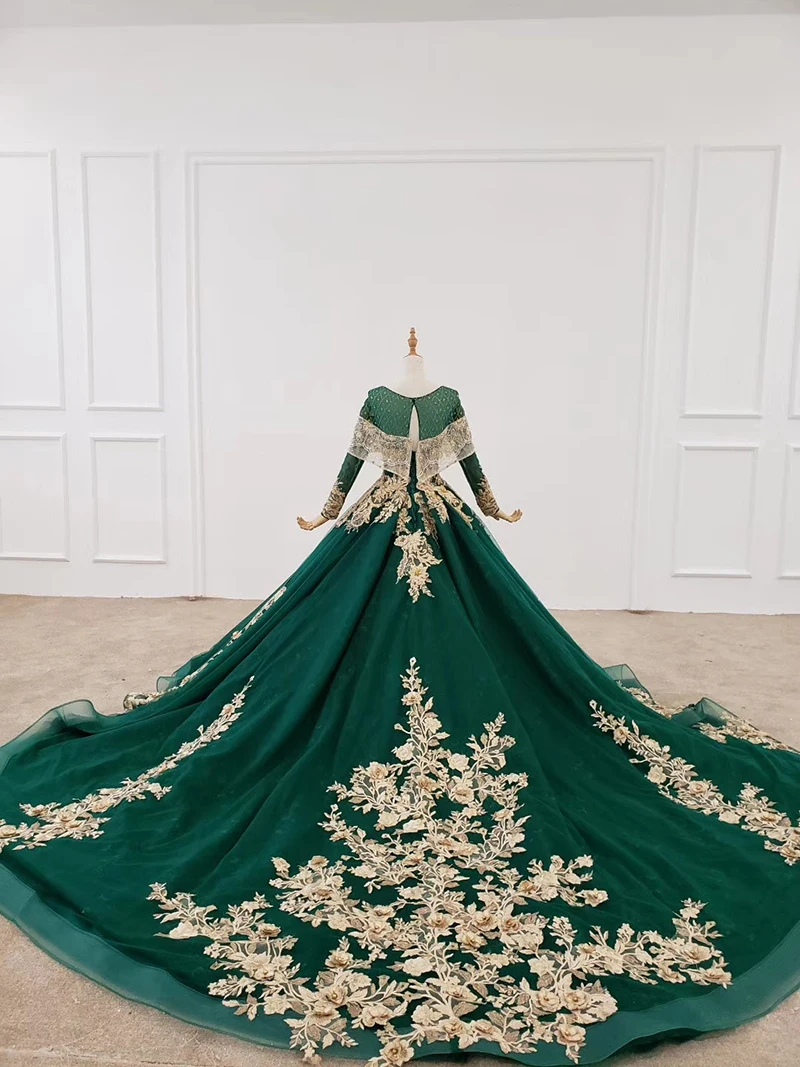 Dark Green Long Evening Dresses Gold Lace Appliques Bead Crystal Dubai Arabic Evening Dress Plus Size Puffy Vestido Longo Festa