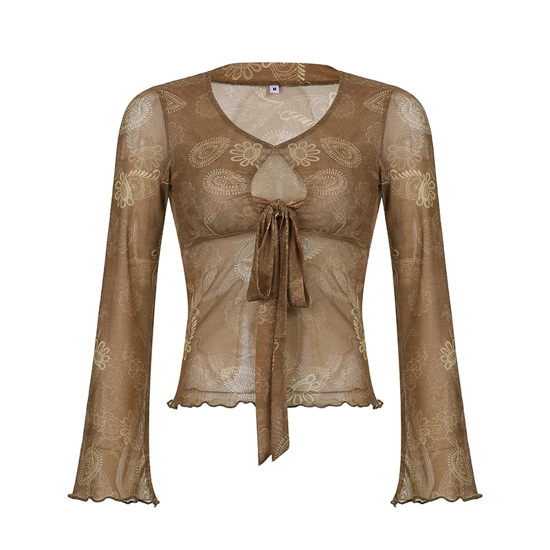 Женская футболка с цветочным принтом V-образным вырезом и бантом | одежда