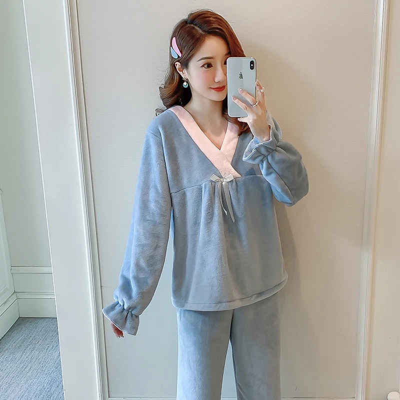 

Winter Warm Flannel Pajamas Set Women Pyjamas Sets Thick Coral Velvet Long Sleeve Sleepwear Sexy V-neck Homewear Night Wear