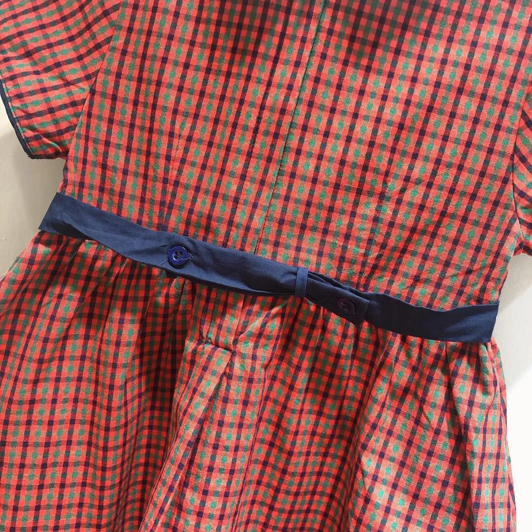 

Girls clothes Cherry Embroidered Lapel Check Short Sleeve Dress Sweet girls spring and summer dresses